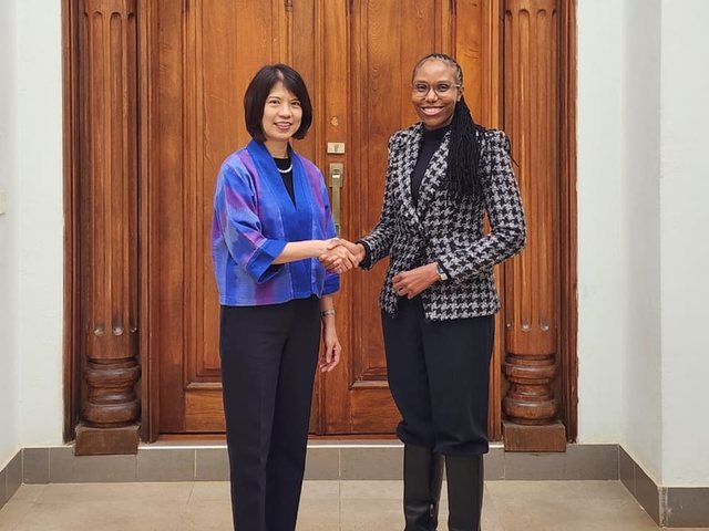 Olivia Otieno shaking hands with a diplomat in front of an embassy door