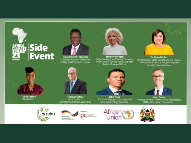 Africa Climate Summit 23 side event poster showing the speakers, with Olivia Otieno as moderator