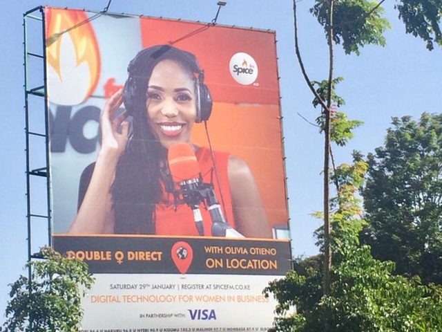 Spice FM billboard promoting Double O Direct with Olivia Otieno on location, in partnership with VISA