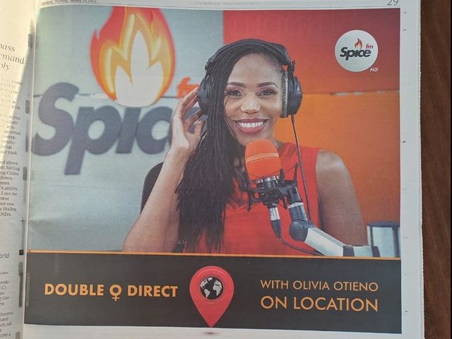 Newspaper advertisement for Double O Direct with Olivia Otieno on location, in partnership with VISA