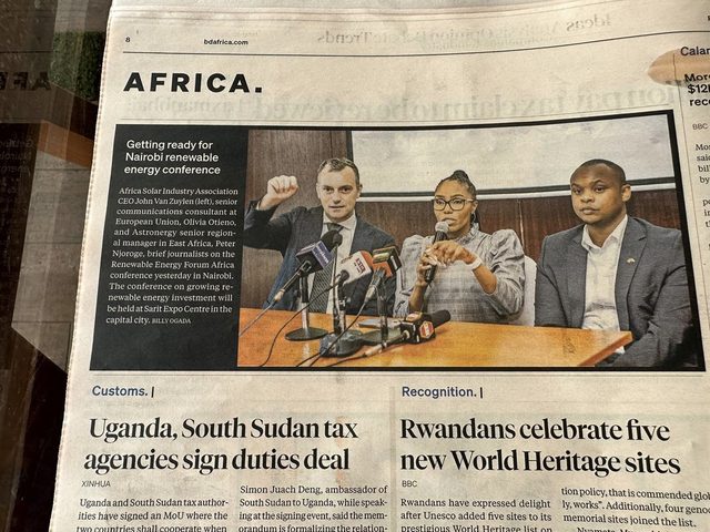 Business Daily newspaper clipping showing Olivia Otieno at a press briefing on the Renewable Energy Forum Africa conference